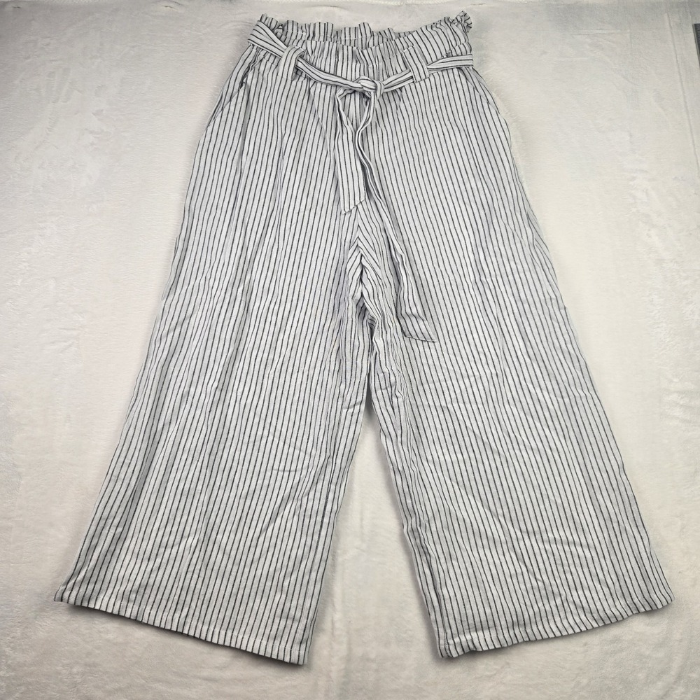 Cotton On Women's White Black Linen Blend Pants Size 10 Striped‎ Belted